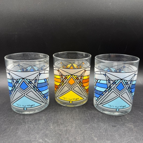 Frank Lloyd Wright Collection Other - Frank Lloyd Wright MoMA Butterfly Window Glass Set of 3 Blue Yellow Whiskey